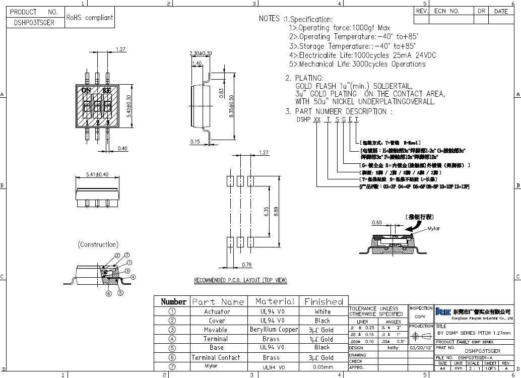 DSHP03TSGER 撥碼開(kāi)關(guān) 1.27mm 圖紙 規(guī)格書(shū) 3位